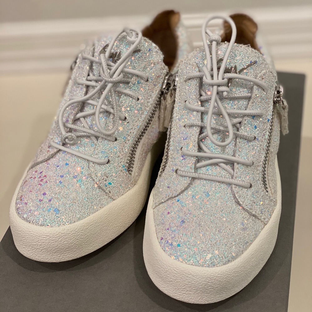 Giuseppe Zanotti White Glitter Sneakers.